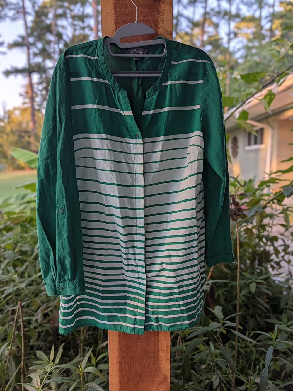 Ulla Popken. Green and White Striped Women’s Button-Up Shirt